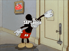 a cartoon of mickey mouse standing in front of a door with the words $ apt price on it