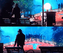 a man in a hat is standing on a bridge in a park with a sign that says rishabha