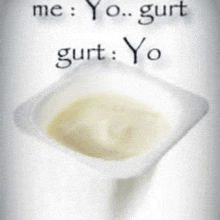a container of yogurt with the words me yo gurt gurt yo written on it