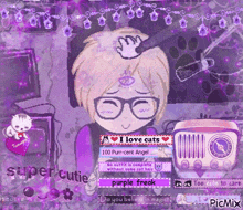 a picture of a girl with glasses and a purple background that says i love cats