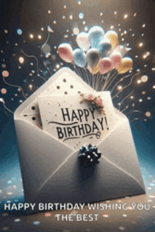 an envelope with balloons and a card that says happy birthday .
