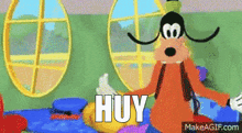 goofy from mickey mouse clubhouse is standing in front of a window and says huy