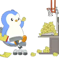 a cartoon of a penguin sitting in an office chair next to a pile of noodles