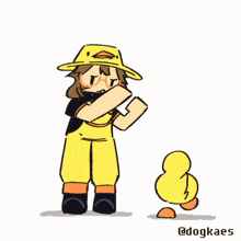 a cartoon of a girl wearing a yellow hat and overalls next to a small yellow duck .