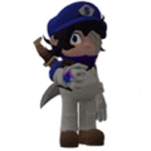 a cartoon character wearing a blue hat and holding a knife is covering his face .