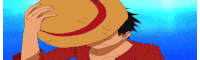 a pixel art of monkey d luffy covering his face with a straw hat