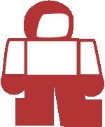 a red and white icon of a person holding a bag