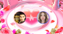 a man and a woman are surrounded by pink flowers and a heart that says whisky