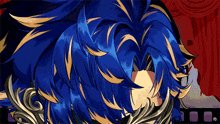 a close up of a person 's face with blue and gold hair