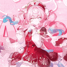 a girl with pink hair and blue eyes is wearing a red dress