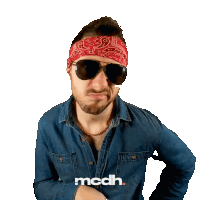 a man wearing sunglasses and a bandana with the word mcdh on the bottom right