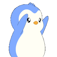 a blue and white penguin with the word yess written in white