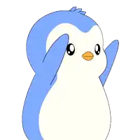a blue and white penguin with the word yess written in white