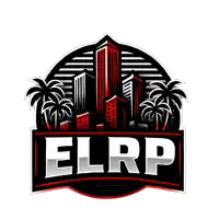 a black and red logo for elrp with palm trees