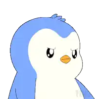 a blue and white penguin holding sunglasses in its beak