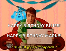 blue from blue 's clues is holding a birthday card and saying happy birthday blue