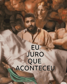 a man laying on a bed with the words eu juro que aconteceu on the bottom