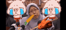 a woman with a carrot in her mouth is surrounded by pigs with tears in their eyes