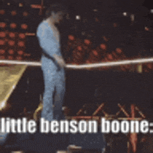 a group of people are standing in a line with the words little benson boone written on the bottom .