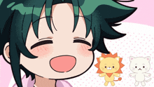 a girl with green hair is smiling next to a stuffed lion and a cat