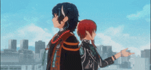 two anime characters standing back to back with one pointing