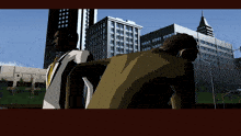 a man in a suit and tie is standing in front of a city skyline