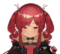a close up of a red haired anime character with a t on her chest