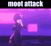 a cartoon character is standing in front of a purple background with the words moot attack on it .