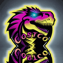 a colorful t-rex with costco written on it
