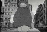 a black and white cartoon of a woman walking down the street