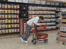 a person pushing a shopping cart in a store with bags of nuts on the wall