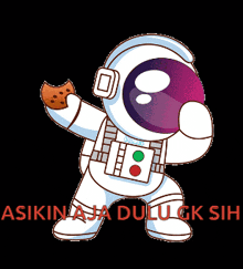 a cartoon drawing of an astronaut holding a cookie with the words " cosmic power " on his chest