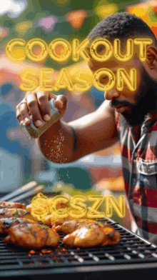a man is cooking chicken on a grill and the words cookout season are above him