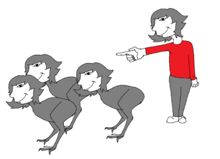 a cartoon drawing of a person pointing at a group of three headed monsters