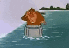 a cartoon character is standing in a barrel in the water .