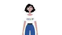 a woman wearing a white shirt that says cejp