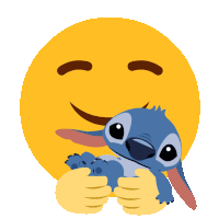 a yellow smiley face holding a blue stitch
