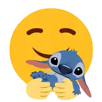 a yellow smiley face holding a blue stitch