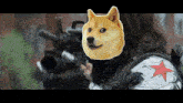 a picture of a person with a doge on their face holding a gun