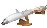 a model of a rafael rocket is on a wooden stand