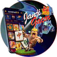 an advertisement for olympus 188 shows a clash of clans character holding a mahjong tile