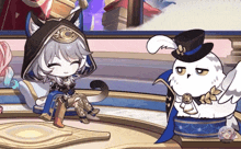 a cartoon character is sitting next to a white owl wearing a top hat and laurel wreath