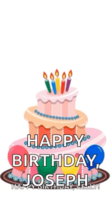 a birthday cake with candles and balloons and the words happy birthday joserh