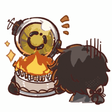 a cartoon drawing of a person looking at a cake with a face on it