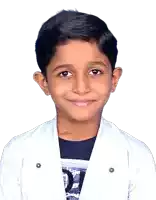 a young boy wearing a white jacket and a black shirt with the letter d on it smiles for the camera