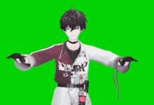 a 3d anime character with his arms outstretched on a green screen .