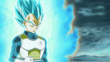 a cartoon character with blue hair has the letter r on the chest