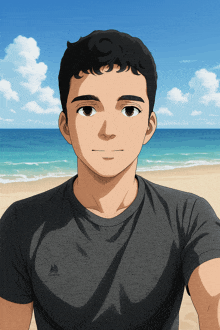 a cartoon drawing of a man wearing a gray t-shirt with a mountain logo on the front