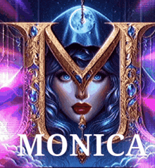 a painting of a woman with blue hair and the name monica