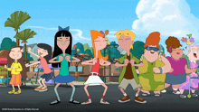 a group of cartoon characters are dancing in front of a sign that says 2010